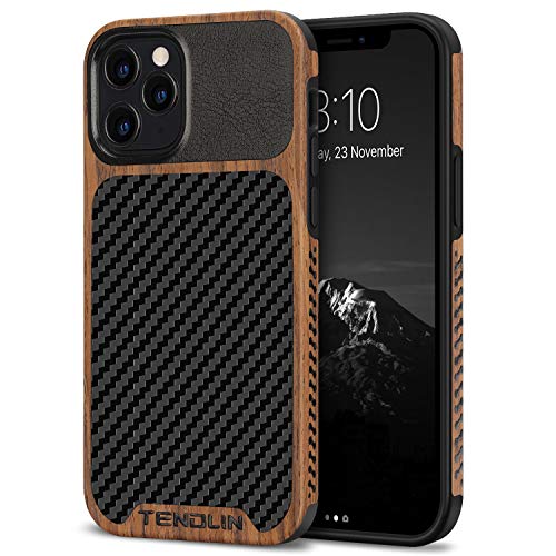 TENDLIN Kompatibel mit iPhone 12 Pro Max Hülle Holz und Carbon Textur Design Leder Hybrid Handyhülle (Schwarz) von TENDLIN