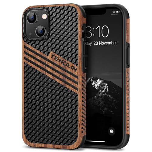 TENDLIN Kompatibel mit iPhone 13 Hülle Holz und Carbon Textur Design Leder Hybrid Handyhülle (DREI Streifen) von TENDLIN