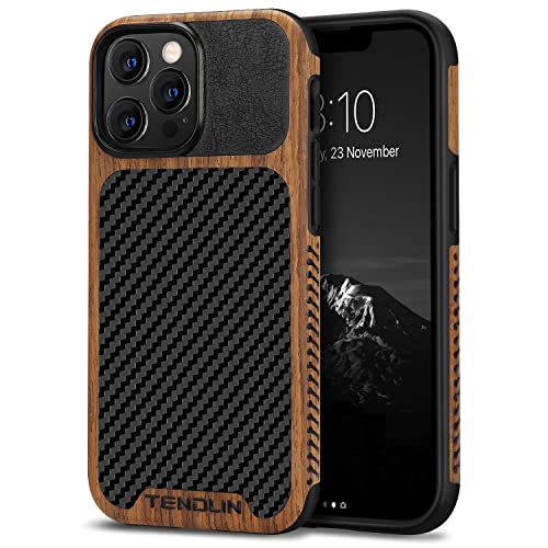 TENDLIN Kompatibel mit iPhone 13 Pro Hülle, Holz und Carbon Textur Design Leder Hybrid Handyhülle (Schwarz) von TENDLIN