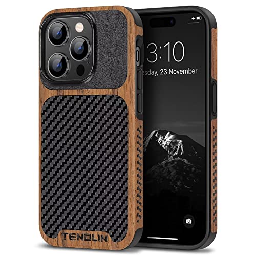 TENDLIN Kompatibel mit iPhone 14 Pro Hülle, Holz und Carbon Textur Design Leder Hybrid Handyhülle (Schwarz) von TENDLIN