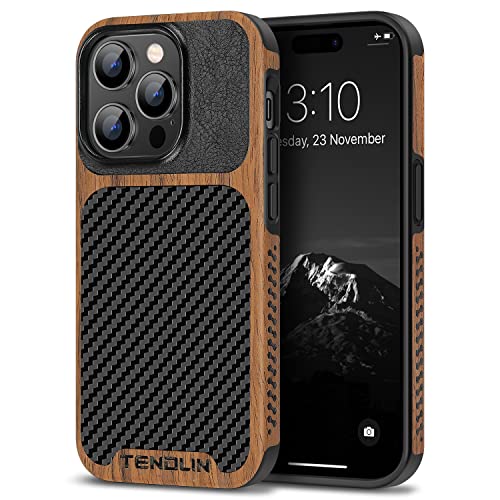 TENDLIN Kompatibel mit iPhone 14 Pro Max Hülle, Holz und Carbon Textur Design Leder Hybrid Handyhülle (Schwarz) von TENDLIN