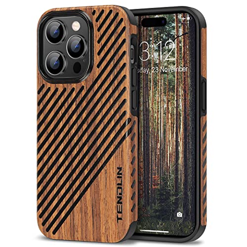 TENDLIN Kompatibel mit iPhone 14 Pro Max Hülle, Holz und Leder Hybrid Handyhülle (Rotes Sandelholz) von TENDLIN