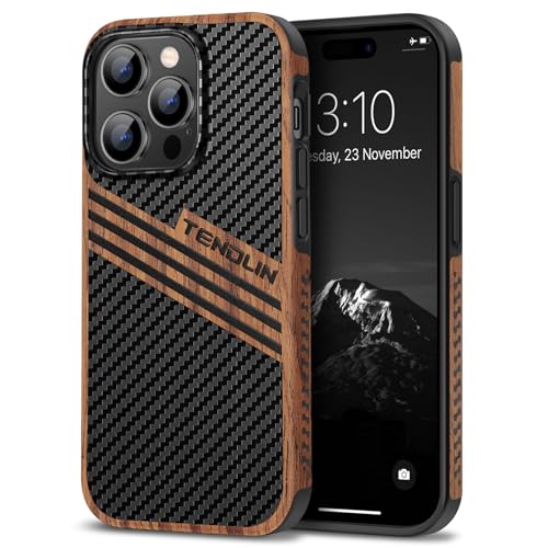 TENDLIN Kompatibel mit iPhone 14 Pro Max Hülle Holz und Carbon Textur Design Leder Hybrid Handyhülle (DREI Streifen) von TENDLIN