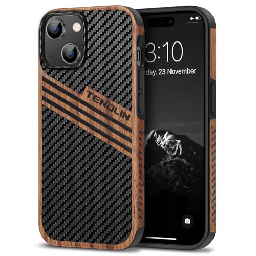 TENDLIN Kompatibel mit iPhone 15 Hülle Holz und Carbon Textur Design Leder Hybrid Handyhülle (DREI Streifen) von TENDLIN
