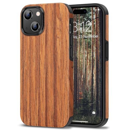 TENDLIN Kompatibel mit iPhone 15 Hülle Holz und TPU Silikon Hybrid Handyhülle (Rotes Sandelholz) von TENDLIN