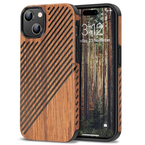 TENDLIN Kompatibel mit iPhone 15 Plus Hülle Holz und Leder Hybrid Handyhülle (Rotes Sandelholz) von TENDLIN
