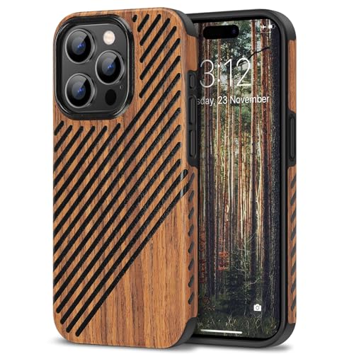 TENDLIN Kompatibel mit iPhone 15 Pro Max Hülle Holz und Leder Hybrid Handyhülle (Rotes Sandelholz) von TENDLIN