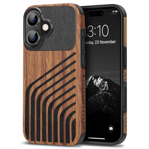 TENDLIN Kompatibel mit iPhone 16 Plus Hülle Holz und Carbon Textur Design Leder Hybrid Handyhülle (Haaransatz) von TENDLIN