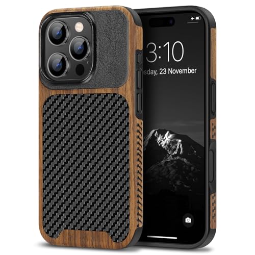 TENDLIN Kompatibel mit iPhone 16 Pro Max Hülle Holz und Carbon Textur Design Leder Hybrid Handyhülle (Schwarz) von TENDLIN