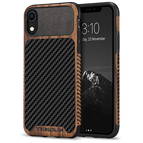 TENDLIN Kompatibel mit iPhone XR Hülle Holz und Carbon Fiber Leder Flexiblem TPU Silikon Hybrid Weiche Schutzhülle Kompatibel mit iPhone XR von TENDLIN