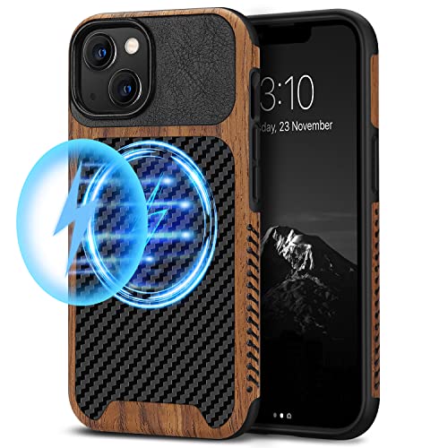 TENDLIN Magnetische Schutzhülle Kompatibel mit iPhone 13 Mini Hülle Holz und Carbon Textur Design Leder Hybrid Handyhülle (Kompatibel mit MagSafe) Schwarz von TENDLIN