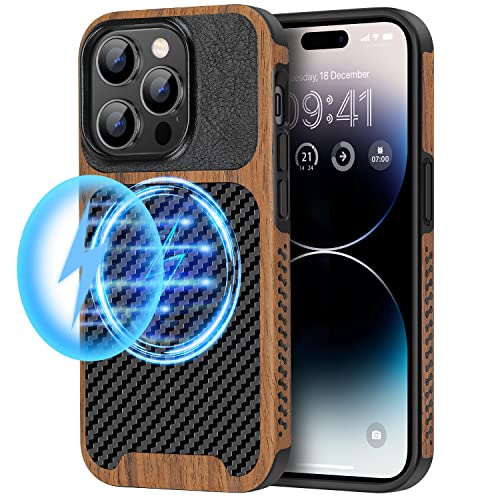 TENDLIN Magnetische Schutzhülle Kompatibel mit iPhone 14 Pro Max Hülle Holz und Carbon Textur Design Leder Hybrid Handyhülle (Kompatibel mit MagSafe) Schwarz von TENDLIN