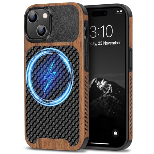 TENDLIN Magnetische Schutzhülle Kompatibel mit iPhone 15 Hülle Holz und Carbon Textur Design Leder Hybrid Handyhülle (kompatibel mit MagSafe) Schwarz von TENDLIN