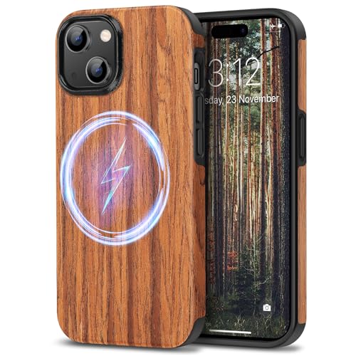TENDLIN Magnetische Schutzhülle Kompatibel mit iPhone 15 Hülle Holz und TPU Silikon Hybrid Handyhülle (Kompatibel mit MagSafe) Rotes Sandelholz von TENDLIN