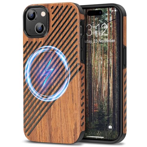 TENDLIN Magnetische Schutzhülle Kompatibel mit iPhone 15 Plus Hülle Holz und Leder Hybrid Handyhülle (Kompatibel mit MagSafe) Rotes Sandelholz von TENDLIN