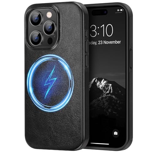 TENDLIN Magnetische Schutzhülle Kompatibel mit iPhone 15 Pro Hülle Leder und TPU Silikon Hybrid Handyhülle (kompatibel mit MagSafe) Schwarz von TENDLIN