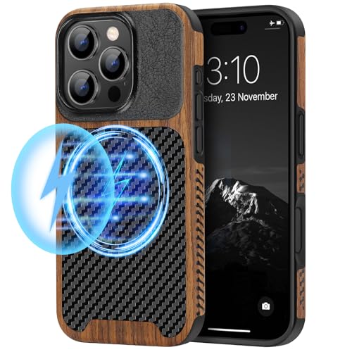 TENDLIN Magnetische Schutzhülle Kompatibel mit iPhone 16 Pro Hülle Holz und Carbon Textur Design Leder Hybrid Handyhülle (kompatibel mit MagSafe) Schwarz von TENDLIN