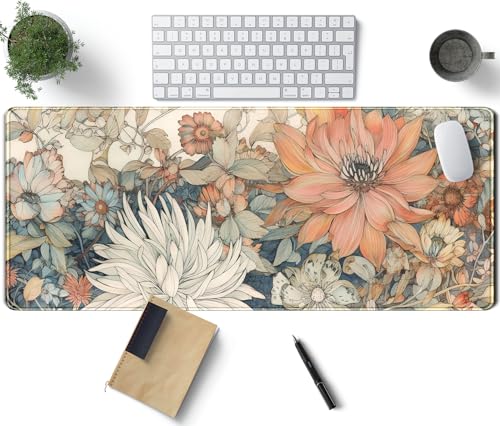 Japanische minimalistische Schreibtischunterlage mit Blumenmuster, ästhetische Blumen, XL, großes erweitertes Gaming-Mauspad mit genähten Kanten, große Laptop-Computer-Tastatur und Mauspad für von TENG DA QING