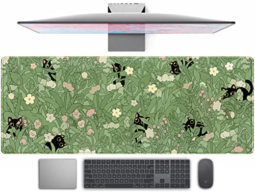 Mauspad mit niedlichen grünen Blättern, rosa Blumen, Schreibtischunterlage, Kawaii-Anime-Katzen-Desktop-Schutz, Dekoration, Schreibtischmatte, Computer-Tastatur und Mauspad, 80x30 cm von TENG DA QING