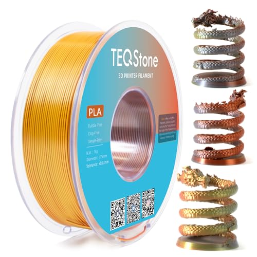 TEQStone Dreifarbig Silk PLA Filament 1.75mm 1KG, Hochglänzende Oberfläche, Nahtlose Farbübergänge, Sauber Gewickelt Maßgenauigkeit +/-0.02mm Vakuumverpackung Gold Silber Kupfer von TEQStone