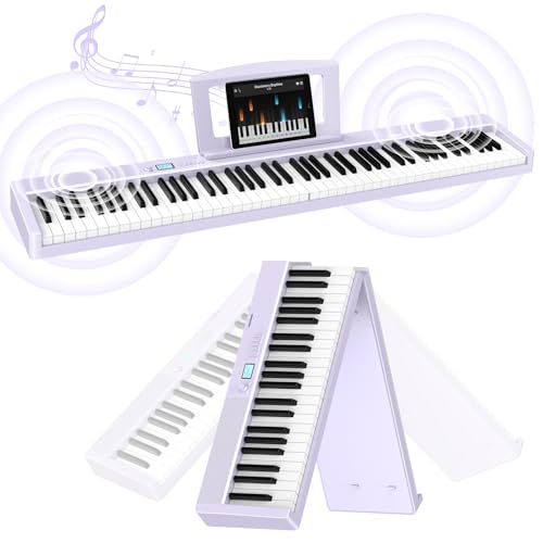 E Piano 88 Tasten: Keyboard Piano mit Bluetooth Faltbares E-piano mit anschlagdynamik 1800mAh Batterie unterstützung MIDI 10W Lautsprecher Sustain Pedal Notenständer Aufkleber Audiokabel Purple von TERENCE