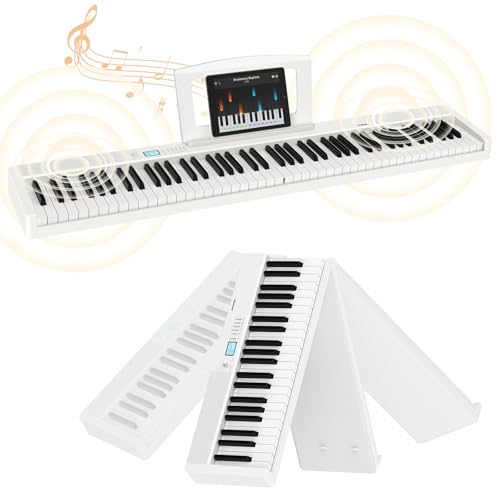 E Piano 88 Tasten: Keyboard Piano mit Bluetooth Faltbares E-piano mit anschlagdynamik 1800mAh Batterie unterstützung MIDI 10W Lautsprecher Sustain Pedal Notenständer Aufkleber Audiokabel Weiß von TERENCE