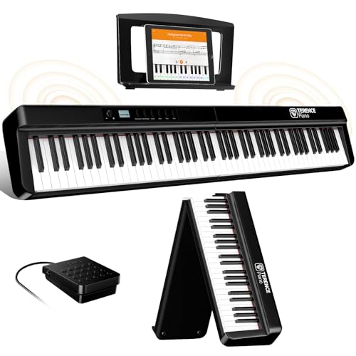 TERENCE E Piano 88 Tasten Faltbares Digital Piano mit 2000mAh Batterie unterstützung MIDI-USB Audio-Bluetooth mit 2x25W Lautsprecher Sustain Pedal Notenständer Aufkleber Audiokabel Kopfhörer von TERENCE