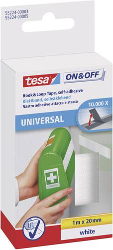 TESA On & Off 55224-03-00 Klettband zum Aufkleben Haft- und Flauschteil (L x B) 1000mm x 20mm Weiß von TESA On & Off