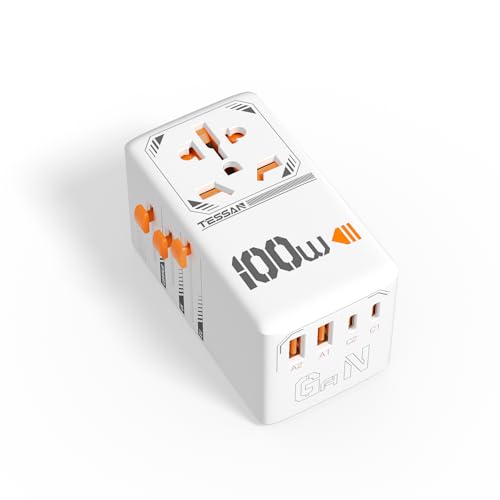 TESSAN 100W GaN Reiseadapter Weltweit, Schnellladung Adapter, Reisestecker Weltweit mit 2 USB C, 2 USB A, Travel Adapter für EU US UK Italien Japan Thailand Australien Kanada von TESSAN