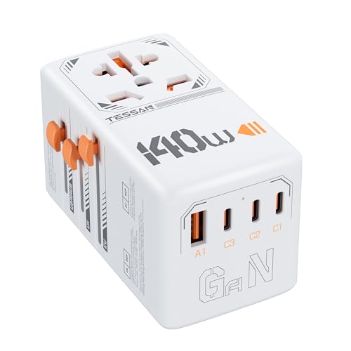 TESSAN 140W GaN Reiseadapter Weltweit, Schnellladung Adapter, Reisestecker Weltweit mit 3 USB C, 1 USB A, Travel Adapter für EU US UK Italien Japan Thailand Australien Kanada von TESSAN