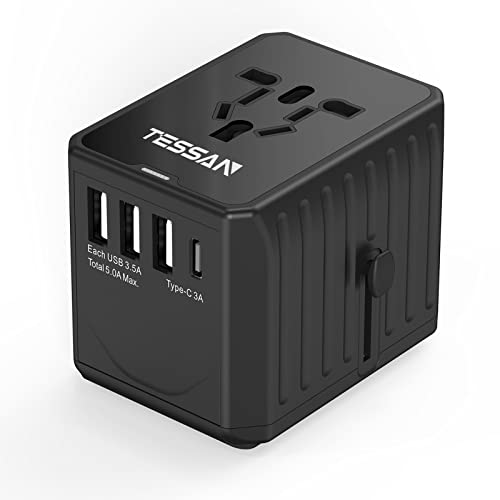 TESSAN Reiseadapter Weltweit, Universal Reiseadapter mit 3 USB und 1 USB C, Reisestecker Adapter Weltweit, Internationaler Steckdosenadapter für Deutschland USA England Katar Thailand Australien von TESSAN