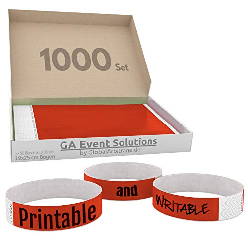 Global Arbitrage Event Solutions 1000 Tyvek-Armbänder zum Selbstgestalten und Bedrucken in Rot von GA Event Solutions – Party-Armbänder, Festival-Armbänder für Ihre Veranstaltung von TESTEL