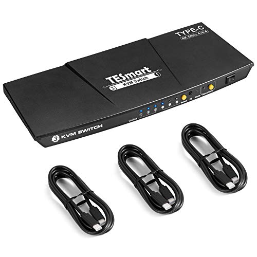 TESmart 3 Port USB Type C KVM Switch 4K@60Hz 4:4:4 Ultra HD | 3x1 USB C KVM-Umschalter 3 in 1 out Unterstützt IR-Fernbedienung mit zusätzlichem USB 2.0 Port&3 USB-Kabel-Mattschwarz von TESmart