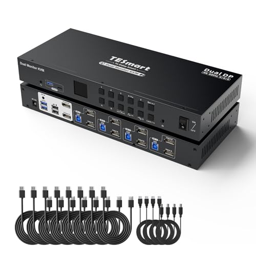 TESmart 4K USB3.0 Displayport KVM Switch 4 PC 2 Monitore, 4K@60Hz(DSC) KVM-Switches mit EDID Emulator, Audio&Mikrofon, Eingangskabeln, 4 Port Switcher für Tastatur, Maus,U-disk und Drucker USB-Geräte von TESmart