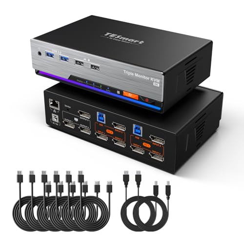TESmart 8K 60Hz DisplayPort MST KVM Switch 2 PC 3 Monitor, USB 3.0 EDID KVM Schalter Docking Station für Desktop und Laptop, Gigabit Netzwerk, 4K@240HZ, Custom Hotkey Switch, DP1.4, Inkl aller Kabel TESmart 8K 60Hz DisplayPort MST KVM Switch 2 PC 3 Monitor, USB 3.0 EDID KVM Schalter Docking Station für Desktop und Laptop, Gigabit Netzwerk, 4K@240HZ, Custom Hotkey Switch, DP1.4, Inkl aller Kabel von TESmart
