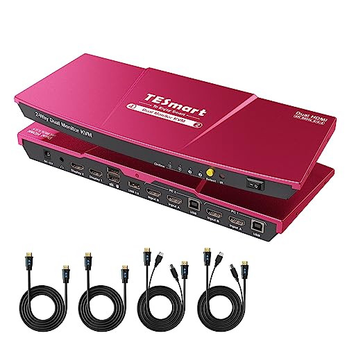 TESmart Dual Monitor KVM Switch, 2 Port HDMI KVM Switch 2 Monitors 2 Computers, UHD 4K@60Hz, Stereo Audio, Hotkey, Button Switching, USB 2.0, PC Monitor Keyboard Mouse Switcher with Cables and Remote von TESmart