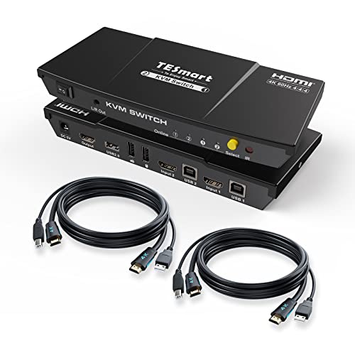 TESmart HDMI KVM Switch, 2 PC 1 Monitore Switch 4K 60Hz mit Kabel×2, EDID Emulator, Audio Extractor, USB 2.0 für Tastatur Maus Scanner Drucker, 2 in 1 Out KVM Umschalter, Hotkey und Button Switcher von TESmart