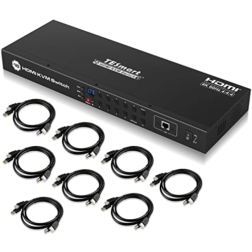 TESmart HDMI KVM Switch 4K 60Hz 16 Port HDMI-KVM-Konsole Rack Mount Switch mit 8 x 1,5m KVM-Kabel, Eingangskontrolle bis zu 16 Computer/Server, USB2.0-Gerät RS232, LAN Port Control Switch von TESmart