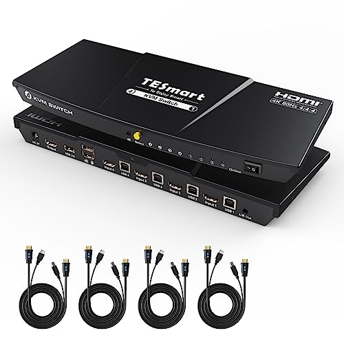 TESmart KVM Switch HDMI 4 Port UHD 4K @ 60Hz, 4 In 1 Out USB KVM Switch for 4 Computers, USB 2.0, EDID, Stereo Audio, Advanced Keyboard Mouse Compatibility, Hotkey, 4 PC Monitor Switcher with Cables von TESmart