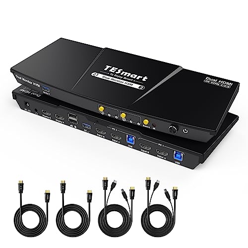 TESmart USB 3.0 HDMI KVM Switch 2 Monitore, 2 PC 2 Monitor Switch 4K60Hz mit EDID Emulator, Audio&Mikrofon, USB für Tastatur Maus Scanner Drucker, HDCP 2.2, Hotkey Button Umschalter mit Kabel×4 von TESmart