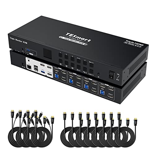 TESmart USB 3.0 HDMI KVM Switch 3 Monitore 4 PC, KVM Umschalter mit EDID Emulators, 4K60Hz, Hotkey-Schaltung, und Mikrofon-Audioausgang, 4 Port HDMI KVM-Switches inklusive Kabeln von TESmart