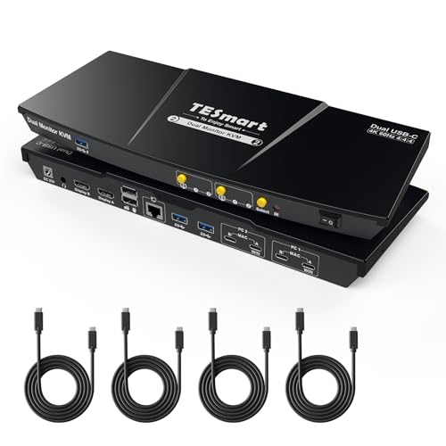 TESmart USB 3.0 USB-C KVM Switch 2 PC 2 Monitore, 4K@60Hz 2 PC 2 Monitor KVM Switches Unterstützung Gigabit Netzwerk, EDID Emulatoren, Audio&Mikrofon, Hotkey Switch, Multi-Stream Transport von TESmart