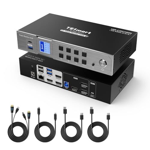 TESmart USB-C MST EDID KVM Switch 2 PC 3 Monitor HDMI DisplayPort, 4K@60Hz KVM Schalter Triple Monitor Dock für Laptop Desktop, Aufladen für Laptop, 1G Ethernet, Hotkey Switch, USB 3.2 DP 1.4 HDMI 2.0 von TESmart