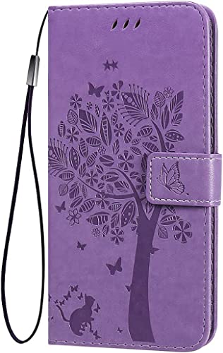 TEYYOS Flip Tasche Hülle für Samsung Galaxy A15 5G/4G, Schutzhülle Leder Klapptasche mit Kartenfächer, 3D Katze Baum Muster Folio Handytasche Handyhülle - Helles Lila von TEYYOS