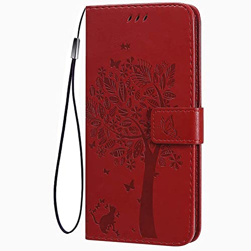 TEYYOS Flip Tasche Hülle für Xiaomi Poco F5, Schutzhülle Leder Klapptasche mit Kartenfächer, 3D Katze Baum Muster Folio Handytasche Handyhülle - Rot von TEYYOS