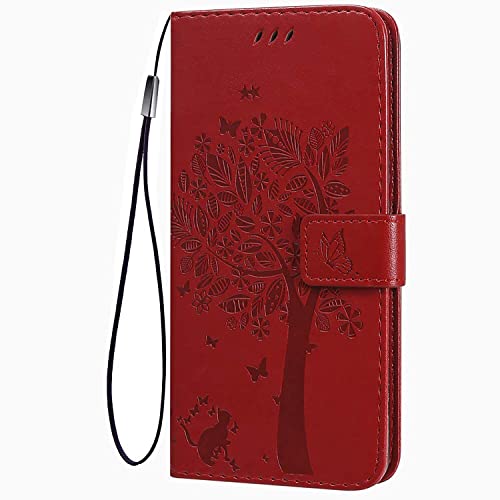 TEYYOS Flip Tasche Hülle für Xiaomi Redmi 12C/Xiaomi Redmi 11A, Schutzhülle Leder Klapptasche mit Kartenfächer, 3D Katze Baum Muster Folio Handytasche Handyhülle - Rot von TEYYOS