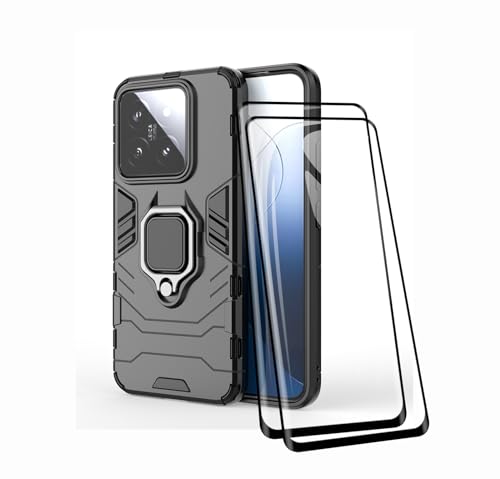 TEYYOS Hülle + Displayschutz [2 Stück] für Xiaomi 14, TPU/PC Hybrid Stoßfest Armor Bumper Handyhülle [360° Kickstand] mit Gehärtetes Glas Schutzfolie, Schwarz von TEYYOS