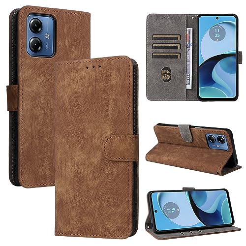 TEYYOS Klapp Handyhülle für Motorola Moto G14, RFID Funktion Handyhülle, PU Leder Hülle mit 3 Kartenfächer, Schutzhülle Case Tasche Magnetverschluss Flip Cover - Braun von TEYYOS