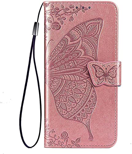 TEYYOS Schmetterling Flip Folio Hülle für Motorola Moto E13, Schutzhülle PU/TPU Leder Klapptasche Handytasche mit Kartenfächer, Handyhülle - Rose Gold von TEYYOS