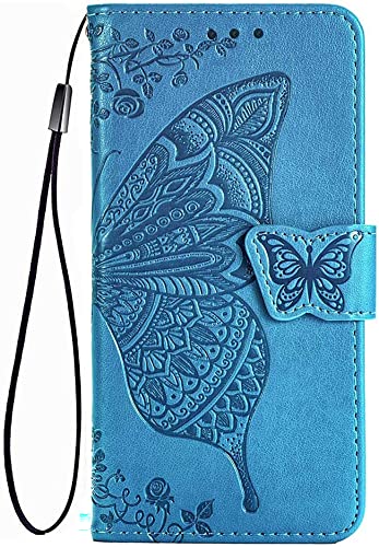 TEYYOS Schmetterling Flip Folio Hülle für Xiaomi Redmi A2, Schutzhülle PU/TPU Leder Klapptasche Handytasche mit Kartenfächer, Handyhülle - Blau von TEYYOS